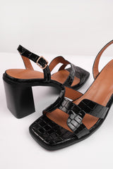 STYLITE STRAPPY SANDALS WITH BLOCK HEEL IN BLACK CROCO PATENT