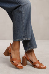 SORAYA STRAPPY SANDALS WITH BLOCK HEEL IN TAN FAUX LEATHER