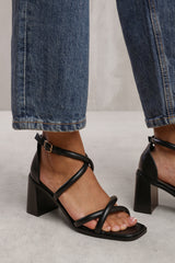 TORI CROSS OVER MULTI STRAP HEELS IN BLACK FAUX LEATHER