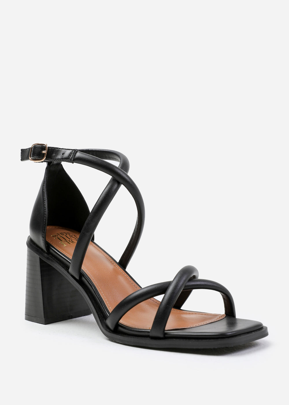 ILLINOIS WIDE FIT CROSS OVER MULTI STRAP HEELS IN BLACK FAUX LEATHER