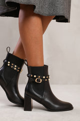 JAYLA ANKLE BOOT WITH PEARL AND STUD DETAILING IN BLACK FAUX LEATHER