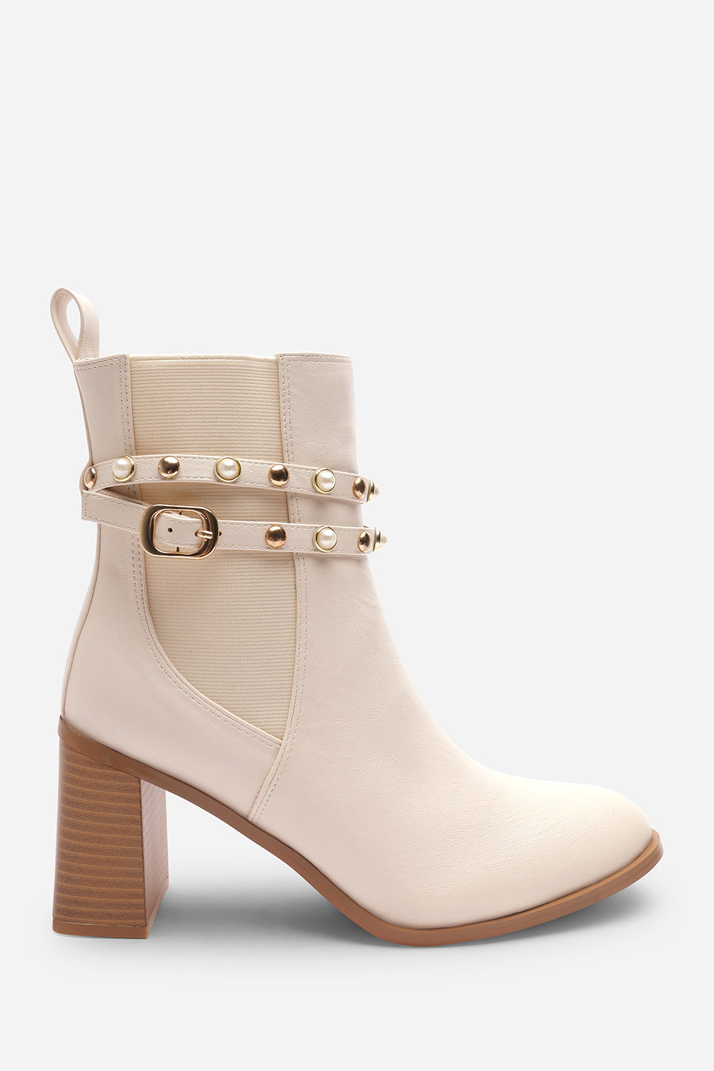 Xoe Cream Ankle Boots with Pearl Embellished Strap and Block Heel