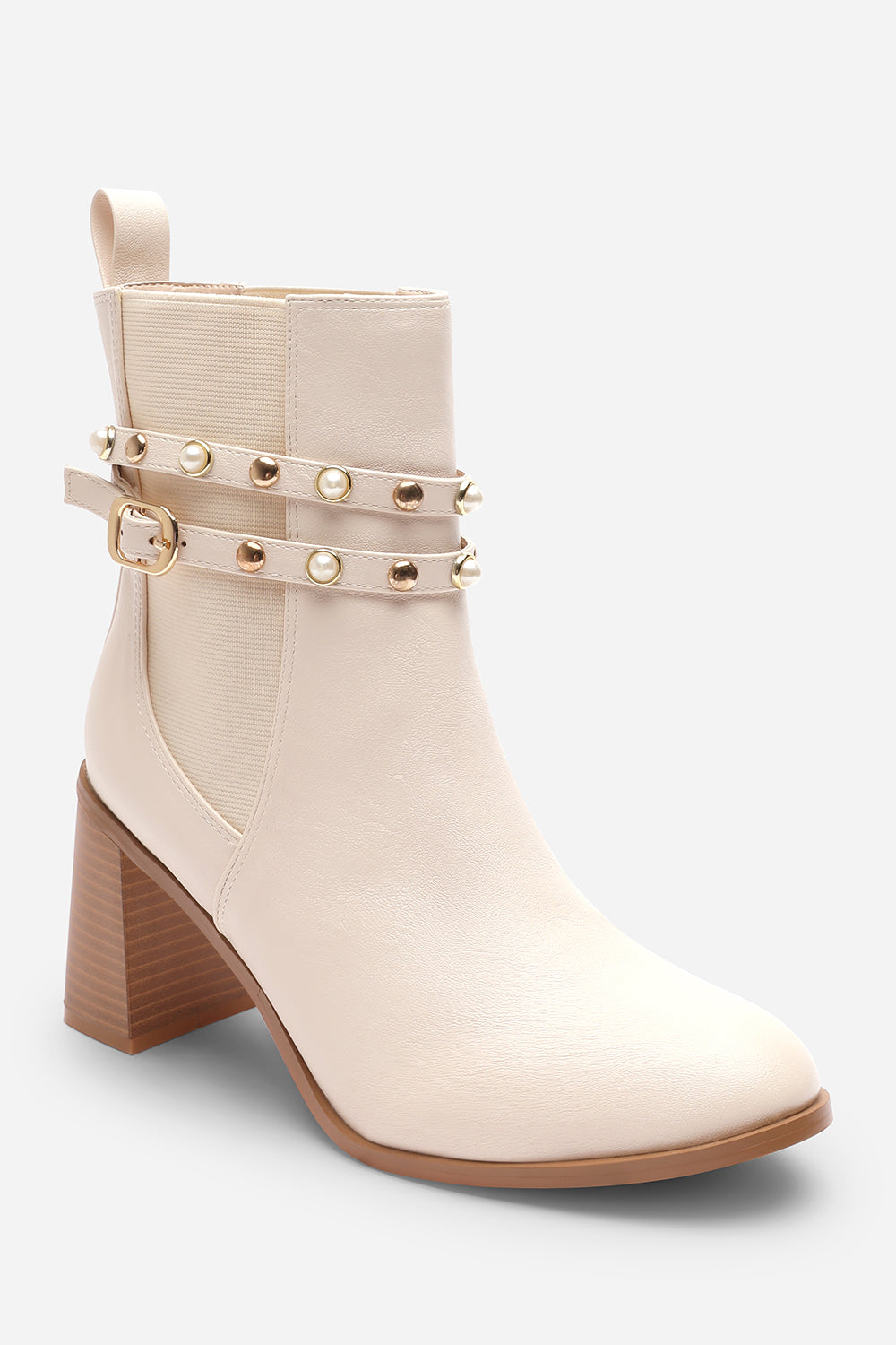 Xoe Cream Ankle Boots with Pearl Embellished Strap and Block Heel