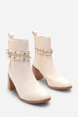 Xoe Cream Ankle Boots with Pearl Embellished Strap and Block Heel