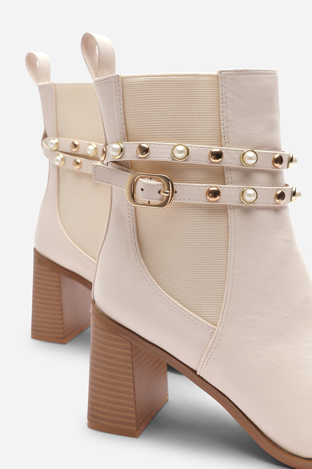 Xoe Cream Ankle Boots with Pearl Embellished Strap and Block Heel