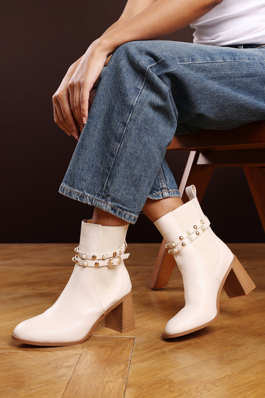 Xoe Cream Ankle Boots with Pearl Embellished Strap and Block Heel