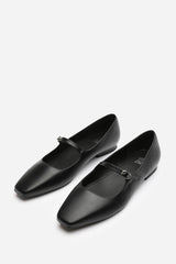 Jennifer Mary Jane Flats With Buckle Strap In Black Faux Leather