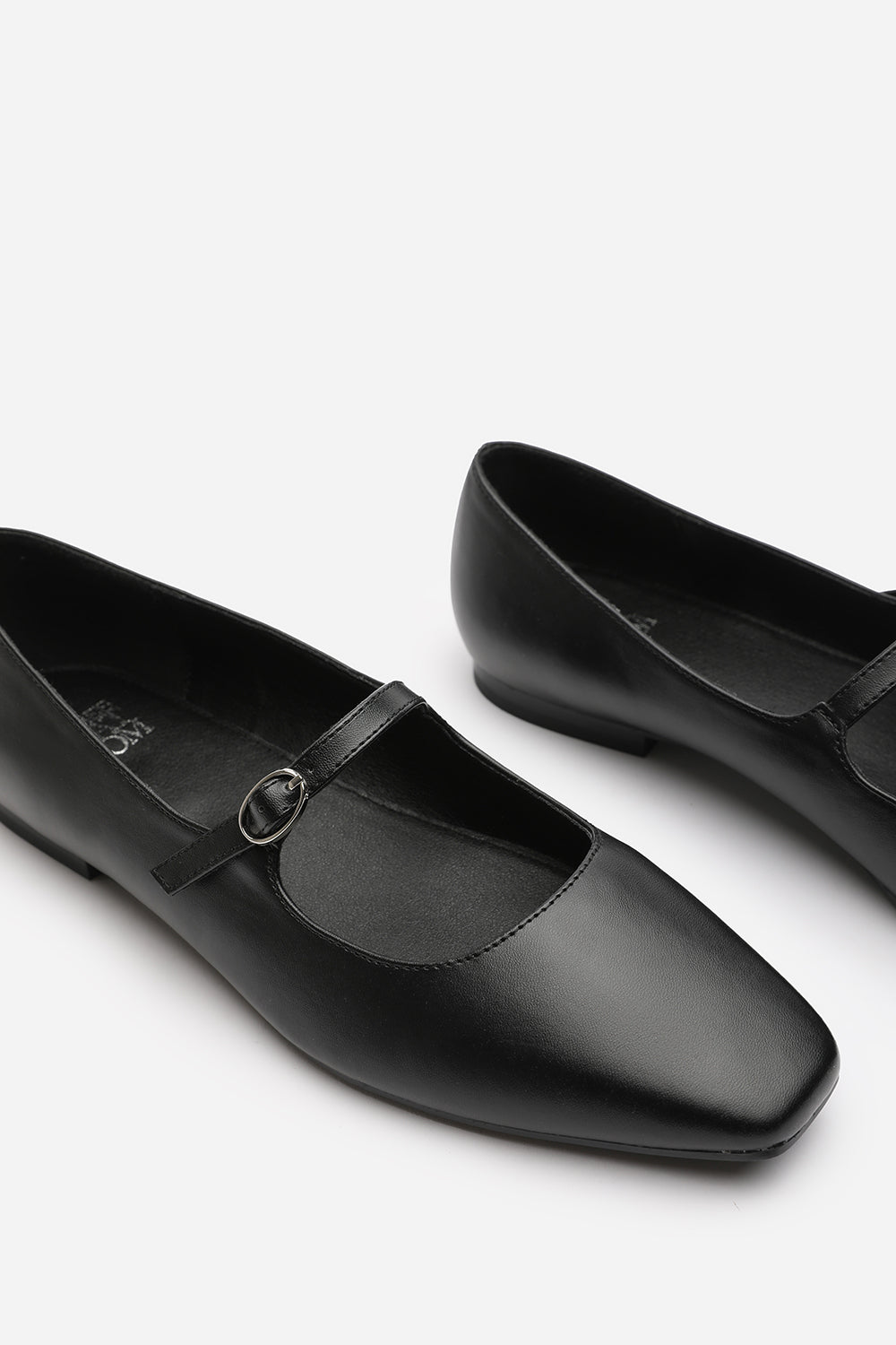 Jennifer Mary Jane Flats With Buckle Strap In Black Faux Leather