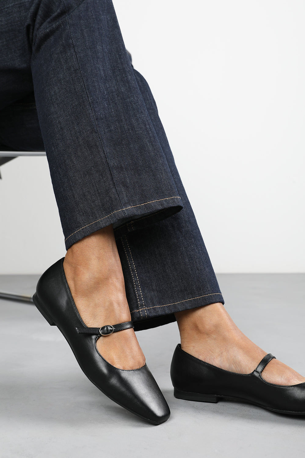 Jennifer Mary Jane Flats With Buckle Strap In Black Faux Leather