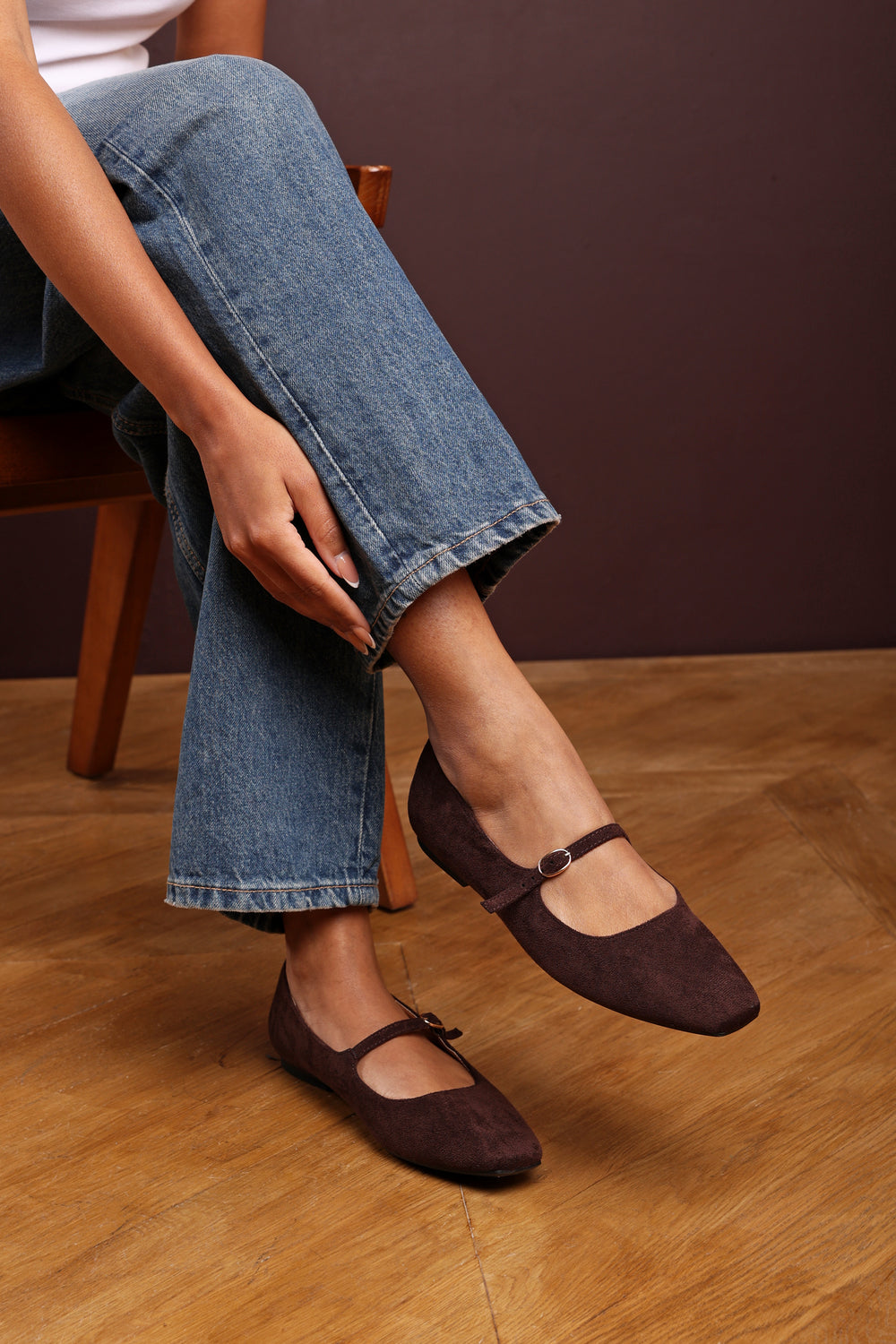Jennifer Mary Jane Flats With Buckle Strap In Dark Brown Suede