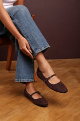 Jennifer Mary Jane Flats With Buckle Strap In Dark Brown Suede