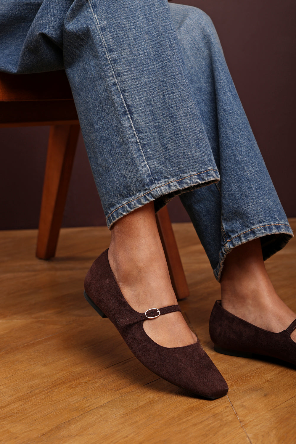 Jennifer Mary Jane Flats With Buckle Strap In Dark Brown Suede