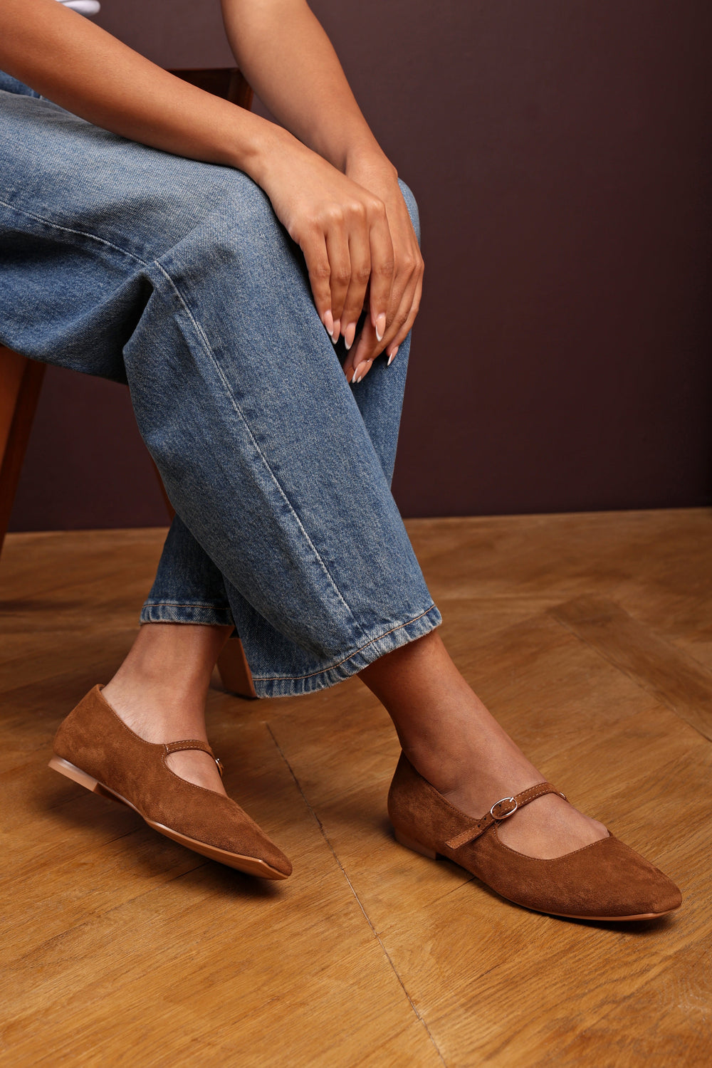 Jennifer Wide Fit Mary Jane Flats With Buckle Strap In Cognac Suede