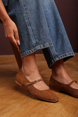 Jennifer Wide Fit Mary Jane Flats With Buckle Strap In Cognac Suede