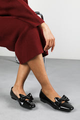 Jessa Girl's School Classic Bow Ballerina Shoes In Black Faux Patent Leather