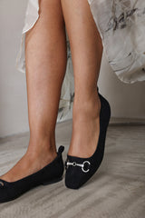 Kira Wide Fit Black Suede Ballet Flats with Front Buckle Detail