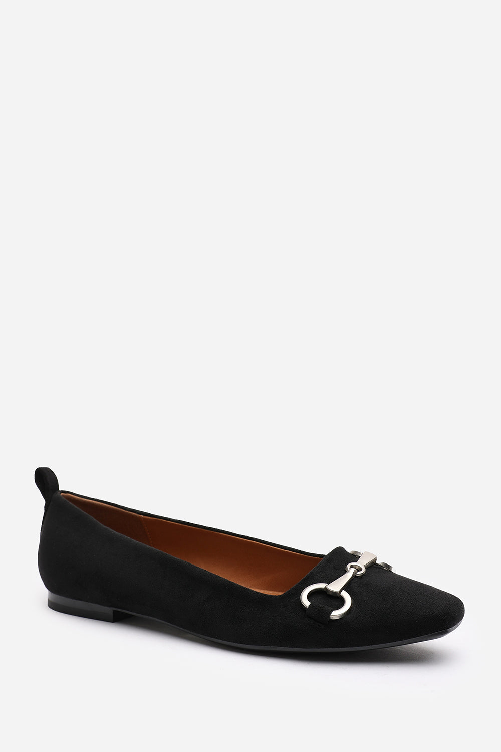 Kira Wide Fit Black Suede Ballet Flats with Front Buckle Detail