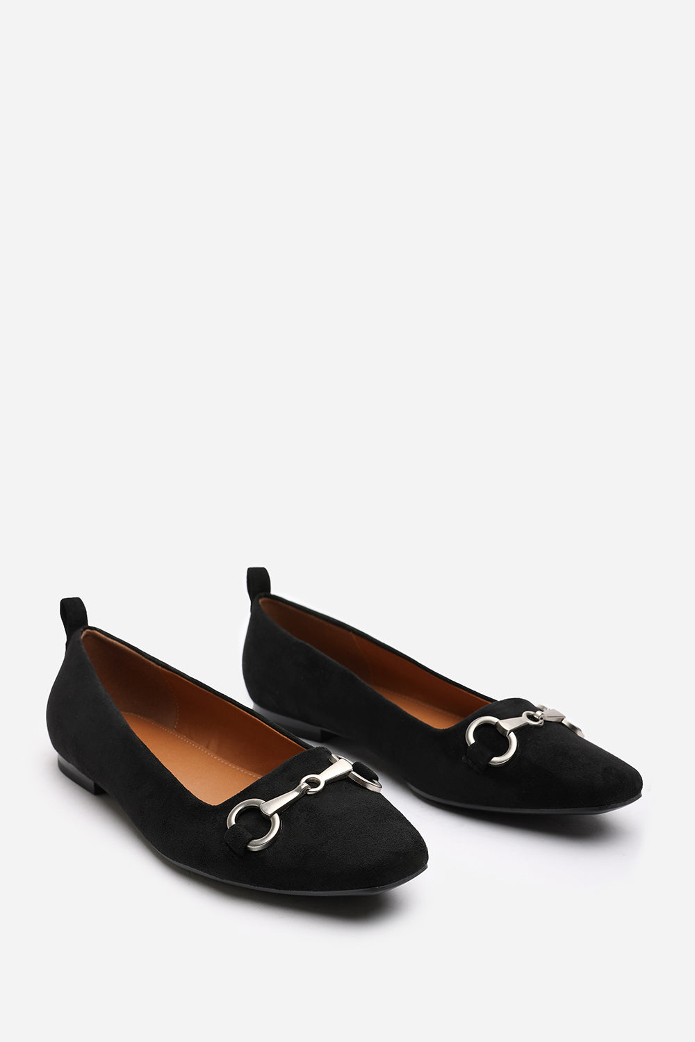 Kira Wide Fit Black Suede Ballet Flats with Front Buckle Detail
