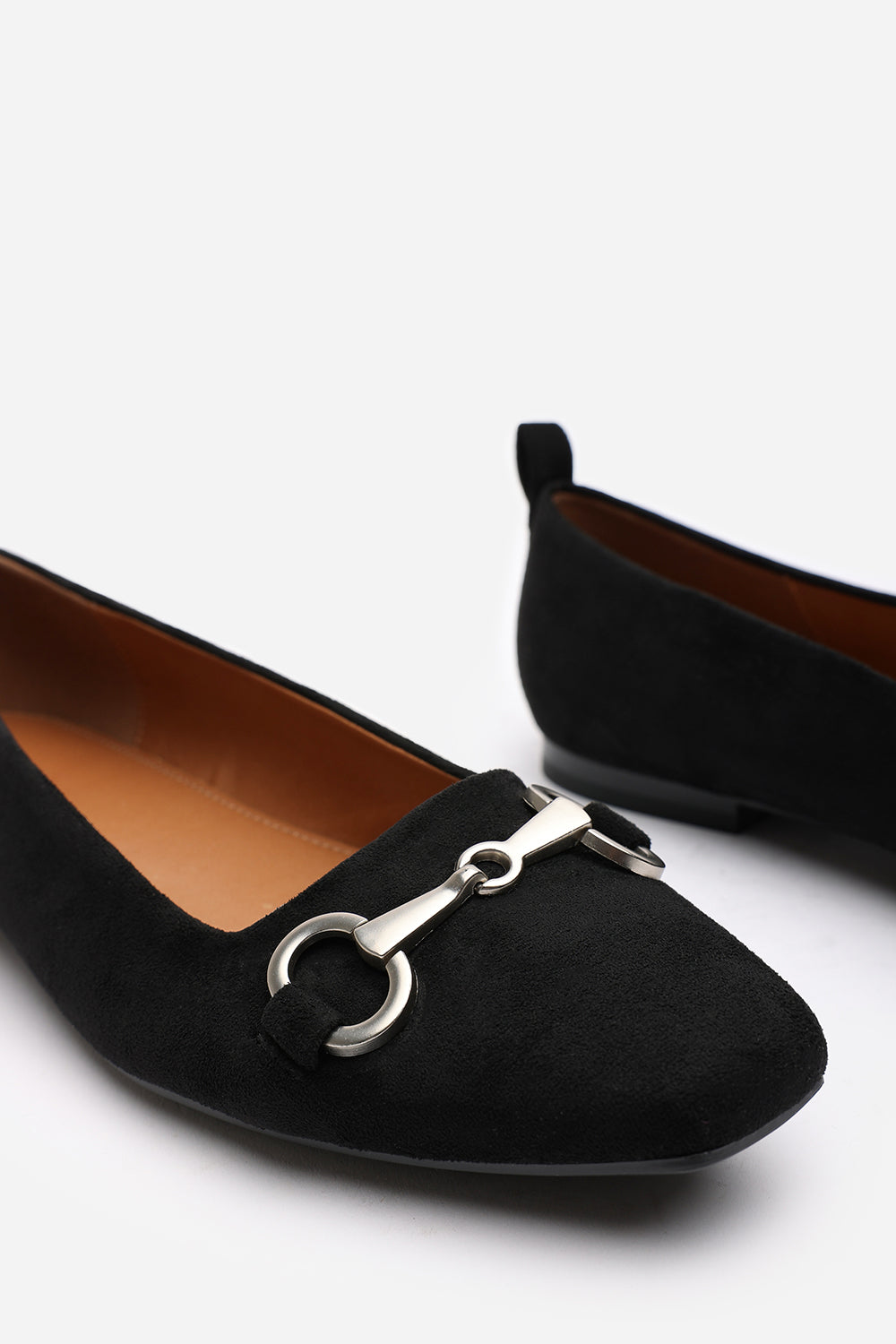Kira Wide Fit Black Suede Ballet Flats with Front Buckle Detail
