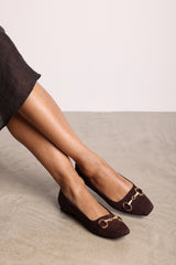 Kira Wide Fit Brown Suede Ballet Flats with Front Buckle Detail