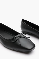 Lauren Black Faux Leather Ballet Flats with Front Bow Detail