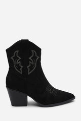 Frissa Black Pointed Toe Block Heel Embroidery Design Ankle Boots