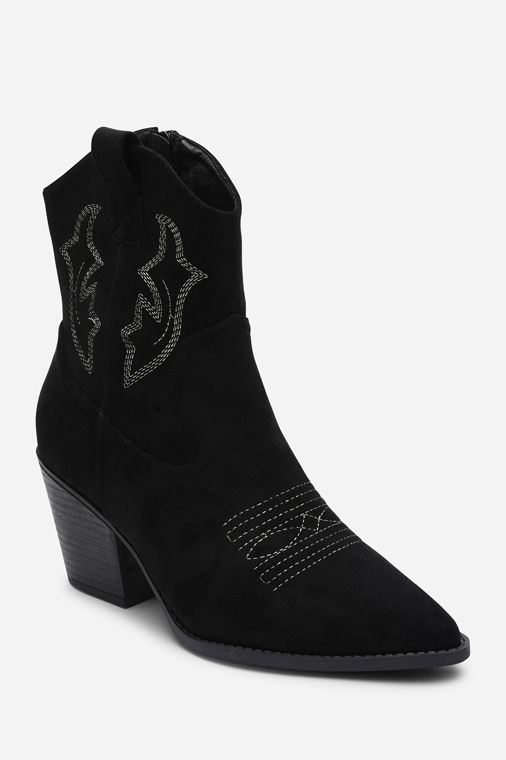 Frissa Black Pointed Toe Block Heel Embroidery Design Ankle Boots