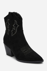 Frissa Black Pointed Toe Block Heel Embroidery Design Ankle Boots