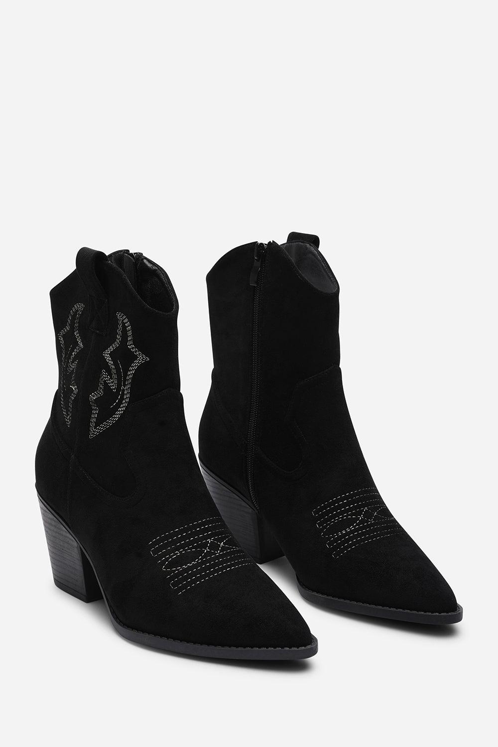 Frissa Black Pointed Toe Block Heel Embroidery Design Ankle Boots