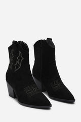 Frissa Black Pointed Toe Block Heel Embroidery Design Ankle Boots