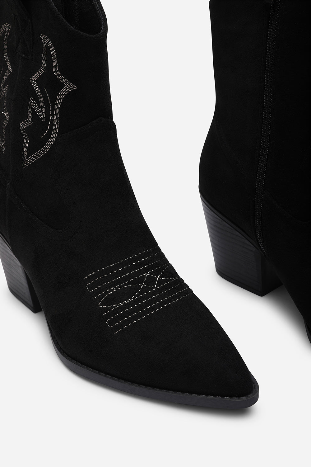 Frissa Black Pointed Toe Block Heel Embroidery Design Ankle Boots