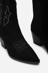 Frissa Black Pointed Toe Block Heel Embroidery Design Ankle Boots