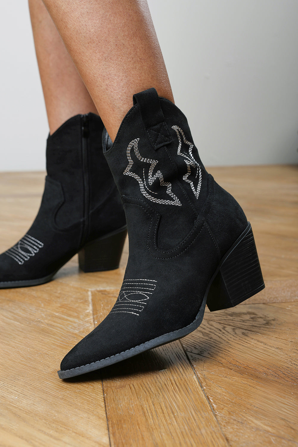 Seraphina Black Suede Cowboy Boots Ankle Length Western Block Heel