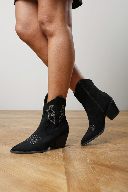 Frissa Black Pointed Toe Block Heel Embroidery Design Ankle Boots