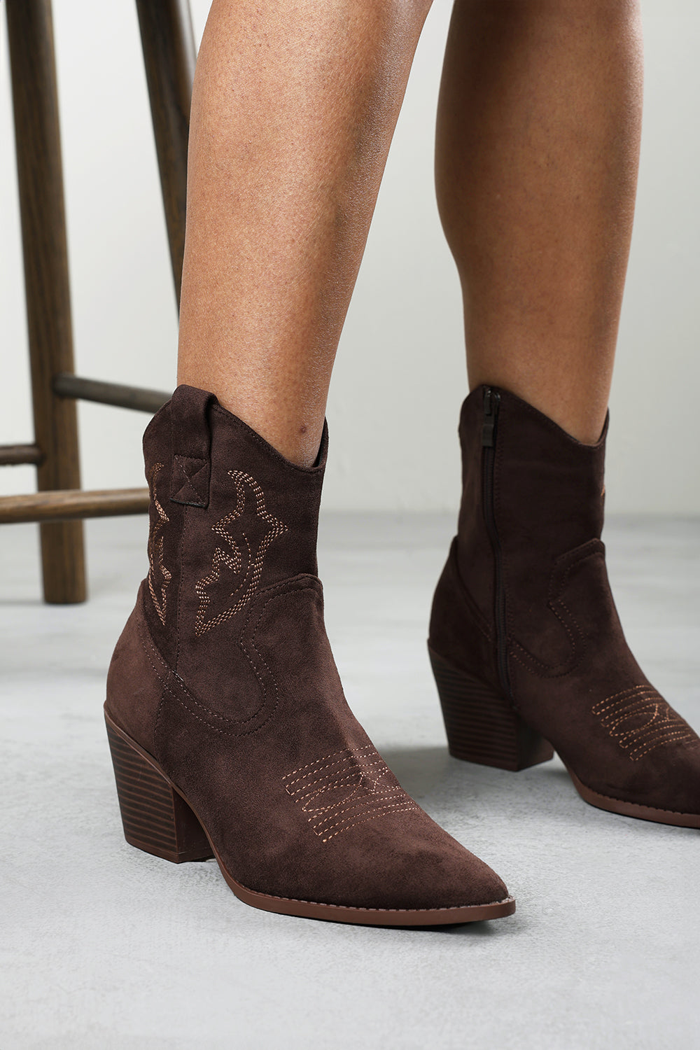 Frissa Brown Pointed Toe Block Heel Embroidery Design Ankle Boots