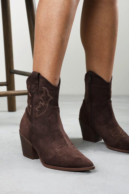 Frissa Brown Pointed Toe Block Heel Embroidery Design Ankle Boots