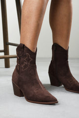 Frissa Brown Pointed Toe Block Heel Embroidery Design Ankle Boots