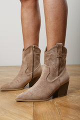 Frissa Camel Pointed Toe Block Heel Embroidery Design Ankle Boots