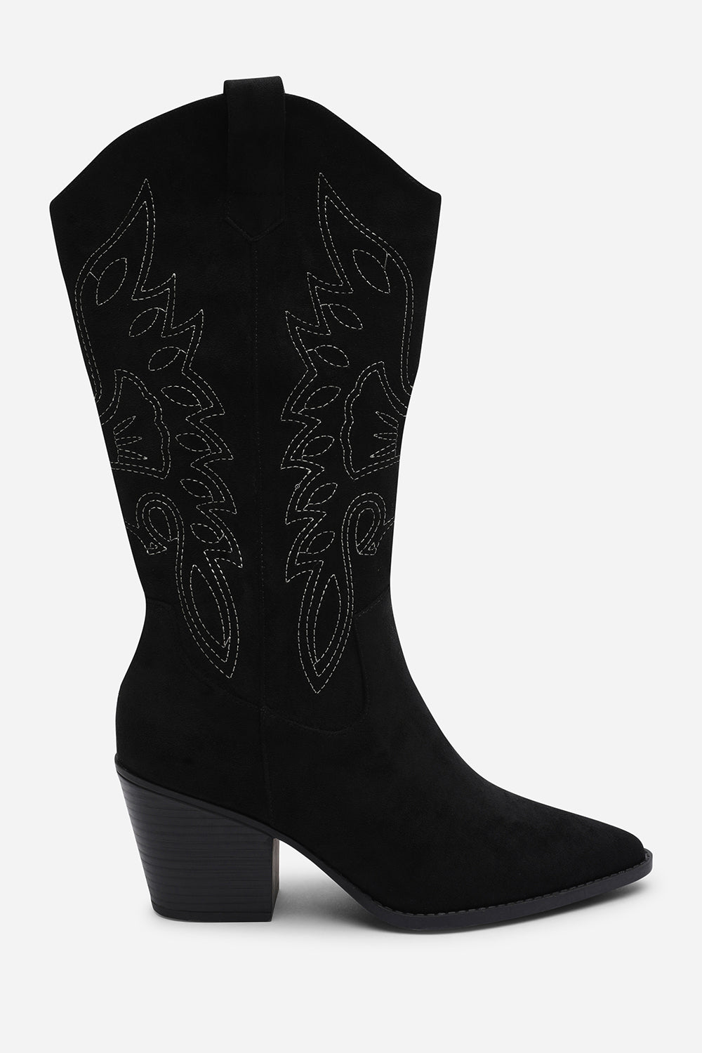Fevora Black Pointed Toe Block Heeled Calf Length Boots