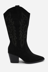 Fevora Black Pointed Toe Block Heeled Calf Length Boots