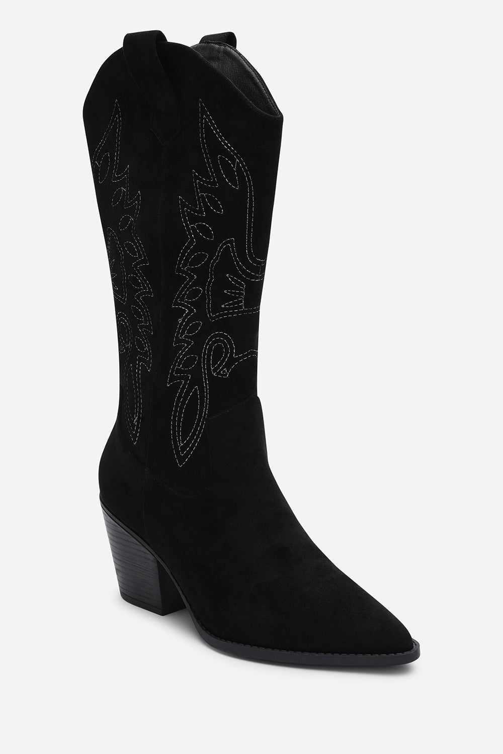 Fevora Black Pointed Toe Block Heeled Calf Length Boots