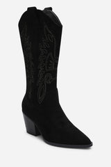 Fevora Black Pointed Toe Block Heeled Calf Length Boots