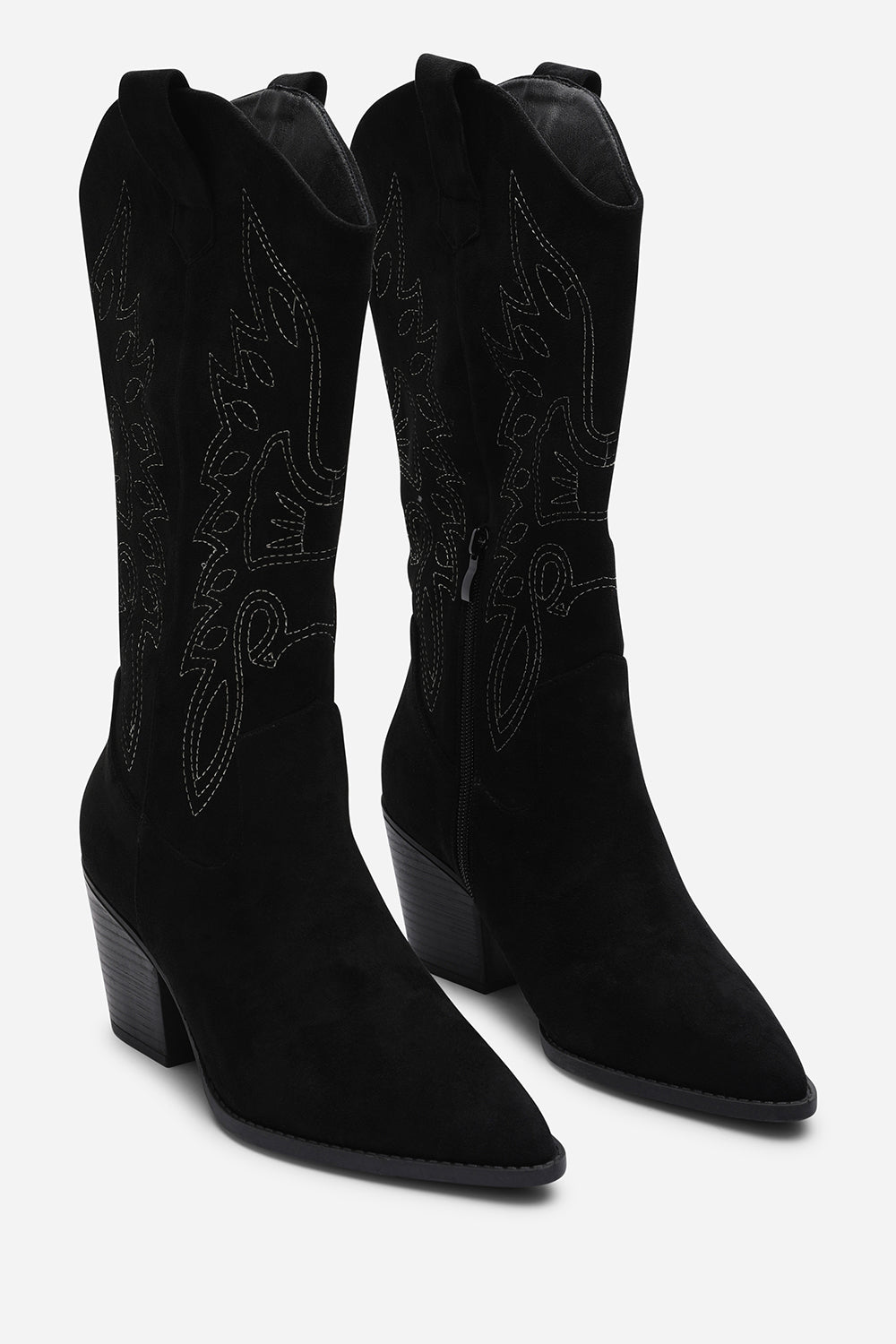 Fevora Black Pointed Toe Block Heeled Calf Length Boots