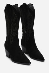 Fevora Black Pointed Toe Block Heeled Calf Length Boots