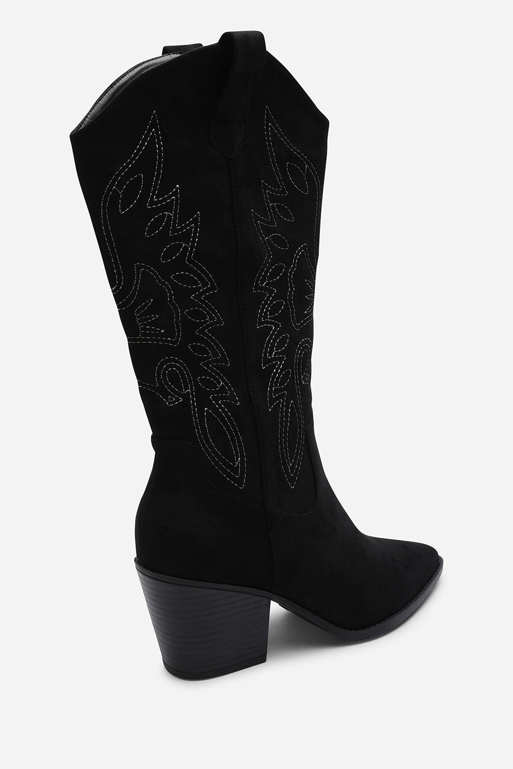 Fevora Black Pointed Toe Block Heeled Calf Length Boots