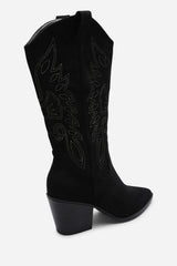 Fevora Black Pointed Toe Block Heeled Calf Length Boots