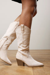 Fevora Beige Pointed Toe Block Heeled Calf Length Boots
