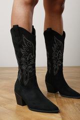 Fevora Black Pointed Toe Block Heeled Calf Length Boots
