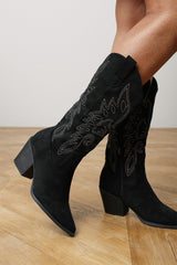 Fevora Black Pointed Toe Block Heeled Calf Length Boots