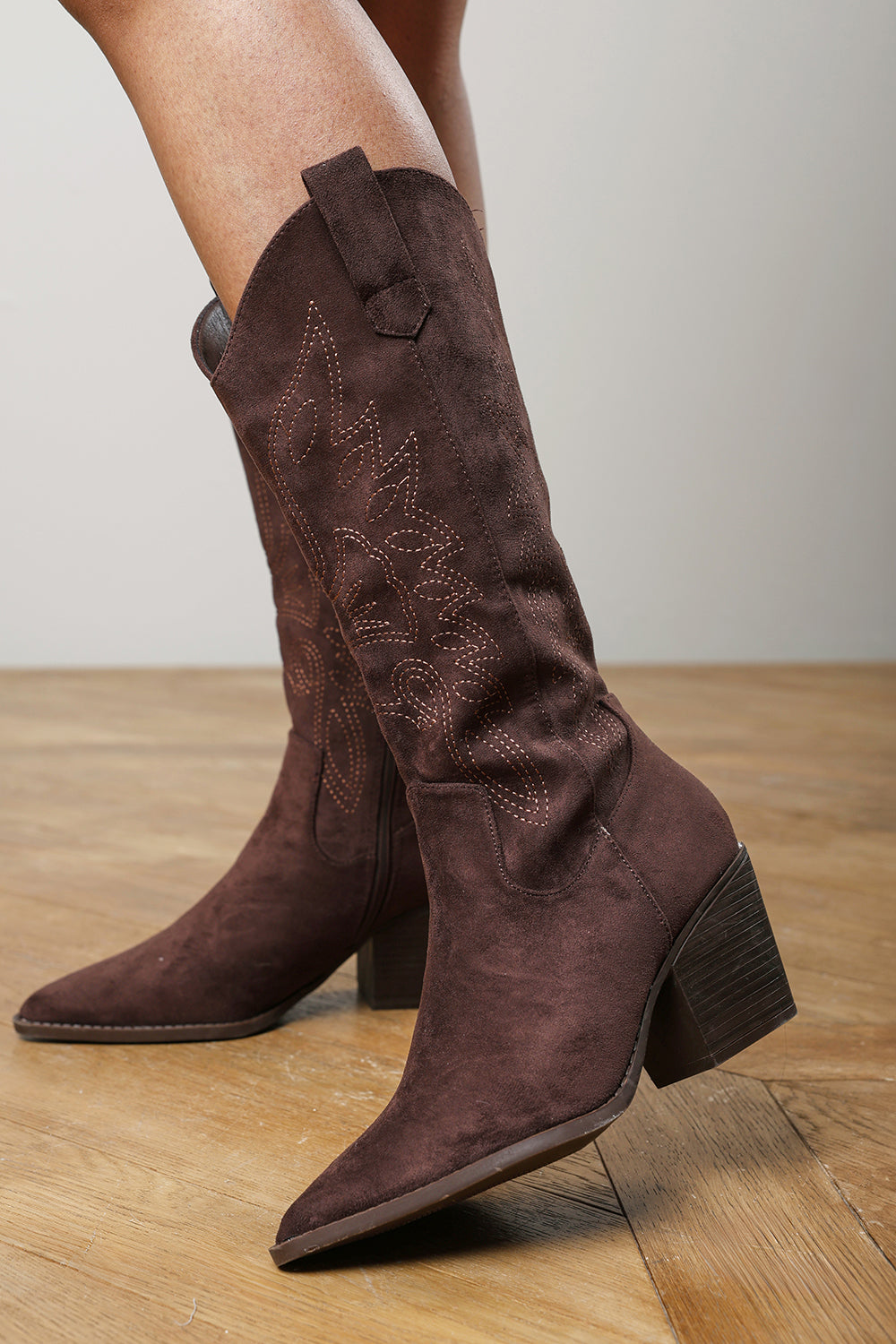 Fevora Brown Pointed Toe Block Heeled Calf Length Boots